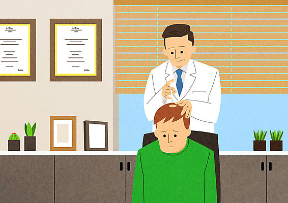 PSD 남자 액자 일러스트 병원 주사기 성인 두명 치료 진료 의사 두피케어 원형탈모 진료실 탈모 탈모클리닉 성인남자만 국내일러스트 의학 의료기기 사람 의료진 클리닉 헤어관리 증상 남자만 성인만 파일형식