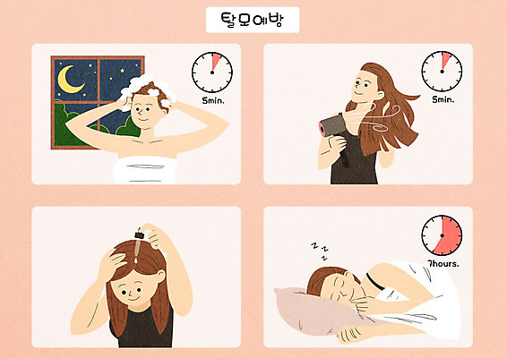 PSD 여자 일러스트 여러명 성인 잠 예방 머리감기 순서 두피케어 머리말리기 방법 에센스 탈모 탈모클리닉 매뉴얼 국내일러스트 다수 사람 청결 화장품 클리닉 헤어관리 증상 파일형식