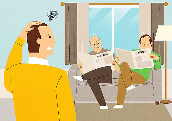 PSD 할아버지 남자 중년 거실 일러스트 조명 앉기 성인 세명 소파 카펫 아빠 신문읽기 DNA 고민 걱정 대머리 유전 탈모 탈모클리닉 남자만 국내일러스트 헤어스타일 노년 감정 의자 가족 모션 사람 생명공학 읽기 클리닉 증상 파일형식