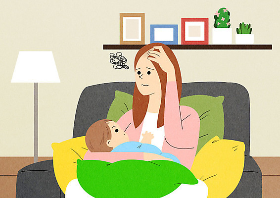 PSD 여자 액자 쿠션 거실 일러스트 안기 엄마 조명 선반 스트레스 앉기 성인 두명 소파 아기 고민 걱정 탈모 탈모클리닉 국내일러스트 감정 가구 의자 가족 모션 사람 클리닉 증상 파일형식