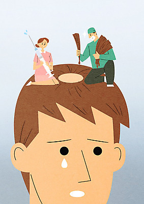 PSD 여자 남자 일러스트 병원 주사기 성인 세명 머리카락 진료 간호사 의사 슬픔 눈물 고민 시술 심기 원형탈모 탈모 탈모클리닉 성인만 국내일러스트 감정 의학 의료기기 모션 사람 머리 의료진 클리닉 증상 파일형식