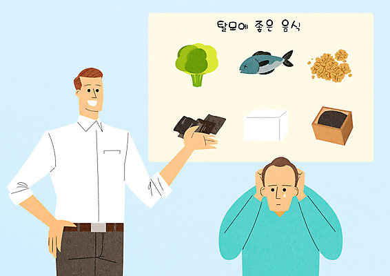 PSD 남자 음식 일러스트 안내 성인 두명 브로콜리 고민 상담 예방 두부 호두 고등어 검은깨 다시마 두피관리 두피케어 탈모 탈모클리닉 성인남자만 국내일러스트 감정 채소 어류 사람 견과류 해조류 깨 클리닉 헤어관리 증상 남자만 성인만 파일형식