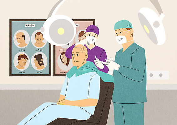 PSD 여자 남자 일러스트 병원 주사기 성인 치료 세명 머리카락 머리 진료 간호사 의사 고민 준비 수술실 긴장 시술 두피케어 심기 탈모 탈모클리닉 성인만 국내일러스트 감정 의학 의료기기 모션 사람 신체부위 의료진 클리닉 헤어관리 증상 파일형식