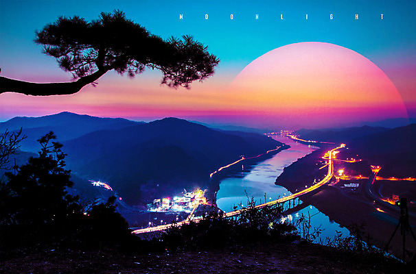 PSD 나무 편집 편집이미지 야경 자연 하늘 조명 산 사람없음 야외 컬러풀 노을 고요 일몰 소나무 화려 가교 이미지편집 자연요소 식물 건축물 컬러 컨셉 야간 생태계 파일형식 풍경_경치