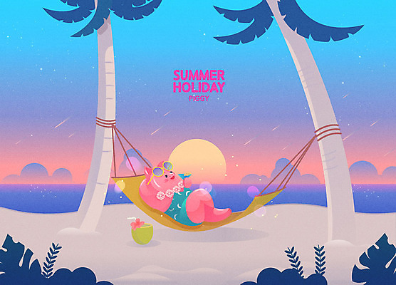 한마리 음료 여행 일러스트 휴식 타이포그라피 해변 사람없음 여름 여름휴가 바캉스 야자수 눕기 노을 돼지 유성 즐거움 코코넛 돼지캐릭터 해먹 국내일러스트 AI파일 자연요소 나무 문자 1 계절 감정 바다 동물캐릭터 컨셉 과일 포유류 모션 휴가 침대 파일형식 벡터 여름_계절