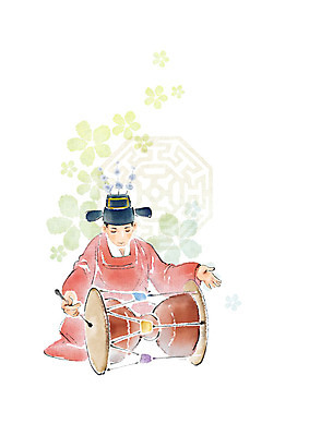 PSD 한국전통 전통 문양 남자 꽃 연주 일러스트 캘리그라피 붓터치 국악기 국악 한명 사람 앉기 성인 빨간색 연주자 한복 장구 번짐 관모 성인남자한명만 국내일러스트 식물 1 악기 음악 컬러 모션 타악기 한국 음악가 전통의상 남자한명만 성인남자만 파일형식 효과