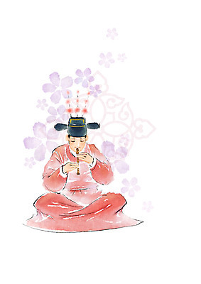 PSD 한국전통 전통 문양 남자 꽃 연주 일러스트 캘리그라피 붓터치 국악기 국악 한명 사람 앉기 성인 빨간색 연주자 한복 피리 번짐 관모 성인남자한명만 국내일러스트 식물 1 악기 음악 컬러 모션 한국 음악가 전통의상 목관악기 남자한명만 성인남자만 파일형식 효과