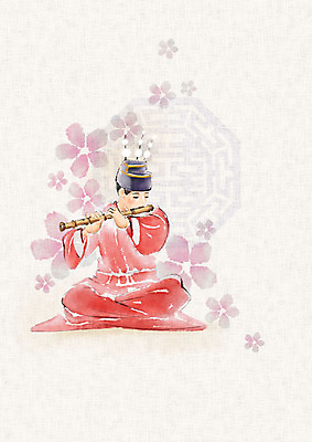 PSD 한국전통 전통 문양 남자 꽃 연주 일러스트 캘리그라피 붓터치 국악기 국악 한명 사람 앉기 성인 빨간색 연주자 한복 번짐 관모 대금 성인남자한명만 국내일러스트 식물 1 악기 음악 컬러 모션 한국 음악가 전통의상 목관악기 남자한명만 성인남자만 파일형식 효과