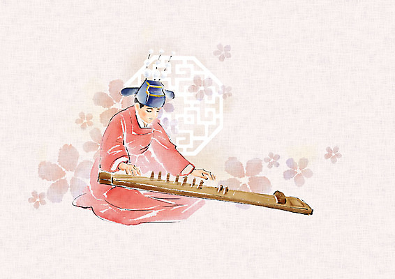 PSD 한국전통 전통 문양 남자 꽃 연주 일러스트 캘리그라피 붓터치 국악기 국악 한명 사람 앉기 성인 빨간색 연주자 한복 번짐 가야금 관모 성인남자한명만 국내일러스트 식물 1 악기 음악 컬러 모션 현악기 한국 음악가 전통의상 남자한명만 성인남자만 파일형식 효과