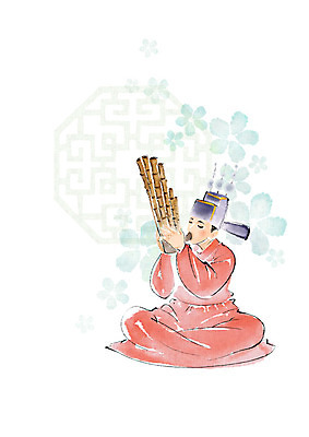 PSD 한국전통 전통 문양 남자 꽃 연주 일러스트 캘리그라피 붓터치 국악기 국악 한명 사람 앉기 성인 빨간색 연주자 한복 번짐 관모 생황 성인남자한명만 국내일러스트 식물 1 악기 음악 컬러 모션 한국 음악가 전통의상 목관악기 남자한명만 성인남자만 파일형식 효과