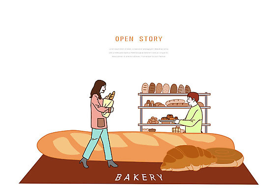 PSD 여자 남자 빵 일러스트 사람 성인 두명 상점 빵집 구매 바게트 크루아상 고객 만족 성인만 국내일러스트 감정 음식 쇼핑 파일형식