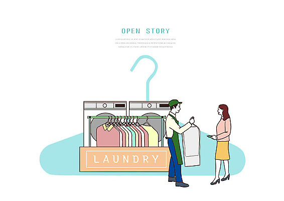 PSD 옷 여자 남자 일러스트 사람 성인 두명 상점 옷걸이 고객 직원 만족 주기 빨랫감 세탁소 성인만 국내일러스트 감정 모션 빨래 파일형식