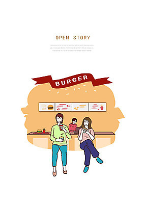 PSD 여자 행복 음료 일러스트 사람 성인 세명 상점 햄버거 먹기 고객 직원 만족 콜라 햄버거가게 성인여자만 맛있는 국내일러스트 감정 모션 패스트푸드 식당 탄산음료 여자만 성인만 파일형식