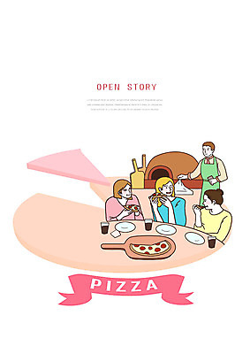 PSD 여자 남자 행복 일러스트 포장 피자 사람 여러명 성인 상점 먹기 고객 직원 만족 피자집 화덕 화덕피자 성인만 맛있는 국내일러스트 감정 다수 모션 패스트푸드 서양음식 화로 파일형식