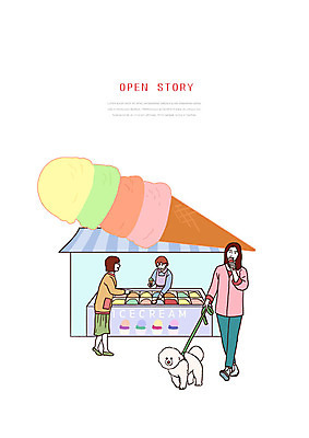 PSD 여자 일러스트 아이스크림 사람 성인 세명 상점 산책 선택 강아지 먹기 고객 직원 만족 고민 담기 반려 아이스크림가게 성인여자만 맛있는 국내일러스트 감정 컨셉 모션 휴식 디저트 반려동물 개 아이스크림장사 여자만 성인만 파일형식