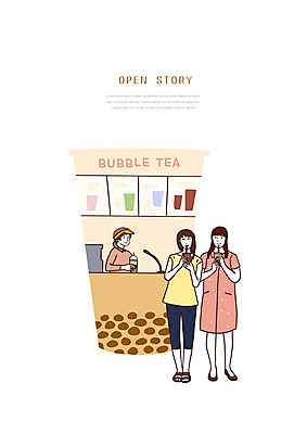 PSD 여자 행복 음료 일러스트 사람 성인 세명 상점 카페 마시기 즐거움 만족 밀크티 성인여자만 버블티 국내일러스트 감정 모션 여자만 성인만 파일형식