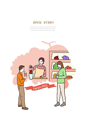 PSD 여자 남자 일러스트 딸기 포도 귤 수박 바나나 사람 성인 세명 상점 주스 카페 마시기 사과 과일주스 고객 직원 만족 준비 성인만 국내일러스트 감정 음료 과일 모션 파일형식