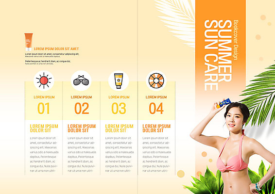 PSD 템플릿 표지디자인 북디자인 출판디자인 여자 내지 리플렛 북커버 한명 팜플렛 20대 성인 여름 여름휴가 바캉스 비키니 태양 뷰티 주황색 선크림 야자수잎 의료성형뷰티 성인여자한명만 이미지템플릿 자연요소 1 계절 수영복 컬러 잎 휴가 사람 청년 화장품 여자한명만 성인여자만 파일형식 여름_계절