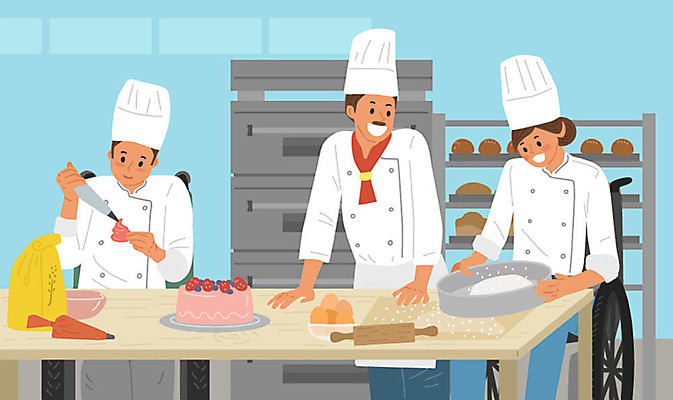 직업 여자 교육 남자 빵 하늘색 일러스트 요리 사람 세명 구직 장애인 휠체어 밀가루 제빵 직업체험 제빵사 국내일러스트 AI파일 음식 컨셉 파란색 제과제빵 체험학습 가루 장애 파일형식 벡터