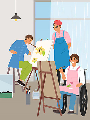 직업 여자 교육 남자 일러스트 사람 세명 교사 구직 장애인 이젤 그림 화실 직업체험 미술선생님 국내일러스트 AI파일 컨셉 미술도구 체험학습 미술실 장애 파일형식 벡터