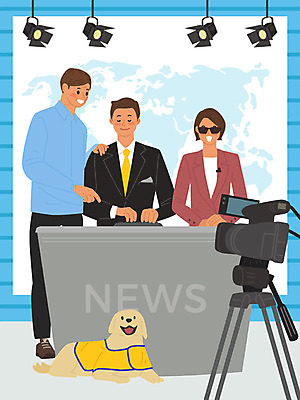 직업 여자 교육 남자 일러스트 사람 세명 파란색 선글라스 구직 뉴스 장애인 아나운서 직업체험 뉴스진행 시각장애인 안내견 뉴스룸 국내일러스트 AI파일 안경 컬러 컨셉 체험학습 개 장애 파일형식 벡터