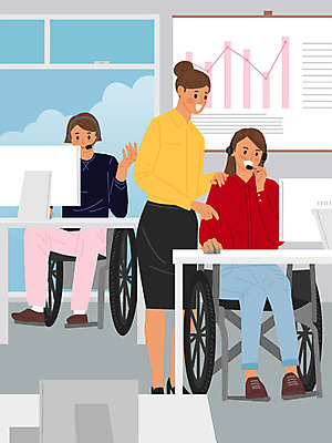 직업 여자 교육 일러스트 회사 사람 세명 사무실 구직 장애인 휠체어 텔레마케팅 직업체험 국내일러스트 AI파일 컨셉 비즈니스 체험학습 서비스업 장애 파일형식 벡터