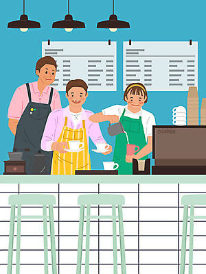 직업 여자 교육 남자 커피 일러스트 사람 세명 파란색 카페 우유 구직 장애인 커피메이커 바리스타 직업체험 다운증후군 핸드드립 증후군 국내일러스트 AI파일 음료 컬러 컨셉 유제품 상점 체험학습 질병 장애 커피용품 파일형식 벡터