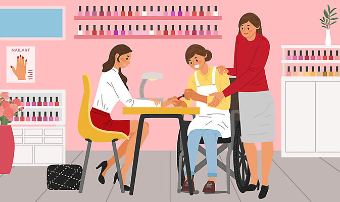 직업 여자 교육 분홍색 일러스트 사람 세명 교사 구직 체험 네일아트 장애인 휠체어 매니큐어 직업체험 네일샵 네일아티스트 여자만 국내일러스트 AI파일 컬러 컨셉 뷰티 상점 화장품 체험학습 장애 파일형식 벡터