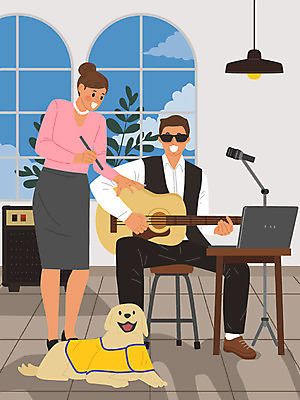 직업 여자 교육 남자 일러스트 노래 사람 두명 노트북 교사 구직 기타 장애인 직업체험 앰프 시각장애인 안내견 연습실 국내일러스트 AI파일 음악 음향기기 컨셉 현악기 전자제품 체험학습 개 장애 파일형식 벡터