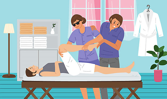 직업 여자 교육 하늘색 일러스트 사람 세명 구직 마사지 체험 장애인 마사지사 직업체험 마사지샵 스포츠마사지 시각장애인 국내일러스트 AI파일 컨셉 파란색 체험학습 장애 파일형식 벡터