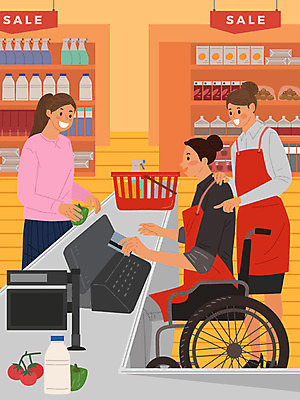 직업 여자 교육 음식 일러스트 사람 세명 주황색 구직 시장 장애인 휠체어 결제 마트 직업체험 캐셔 국내일러스트 AI파일 컬러 컨셉 상점 체험학습 장애 파일형식 벡터