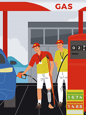 직업 교육 남자 일러스트 자동차 사람 두명 빨간색 구직 장애인 가스 주유소 직업체험 목발 아르바이트 경유 의족 남자만 최저임금 비정규직 국내일러스트 AI파일 육상교통 컬러 컨셉 비즈니스 의료기기 경제 체험학습 장애 파일형식 벡터