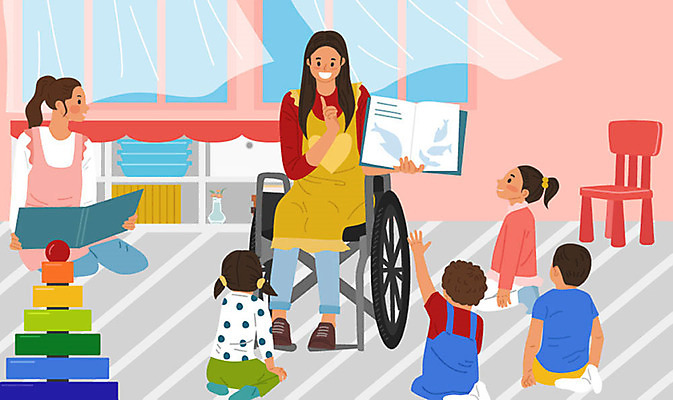 직업 여자 교육 남자 어린이 분홍색 일러스트 사람 여러명 교사 유치원 구직 장애인 휠체어 실습 유치원선생님 직업체험 아이돌봄 돌보미 국내일러스트 AI파일 컬러 다수 컨셉 체험학습 장애 파일형식 벡터 돌봄서비스