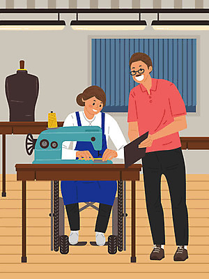 직업 여자 교육 남자 일러스트 공장 사람 두명 구직 체험 사장 바느질 장애인 재봉틀 직원 직업체험 국내일러스트 AI파일 컨셉 비즈니스 공업 체험학습 장애 파일형식 벡터