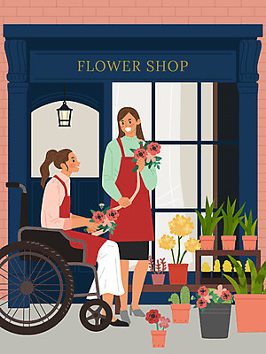 직업 여자 교육 꽃 분홍색 일러스트 사람 두명 구직 장애인 꽃집 꽃꽂이 휠체어 직업체험 플로리스트 여자만 국내일러스트 AI파일 식물 컬러 컨셉 상점 체험학습 원예 장애 파일형식 벡터
