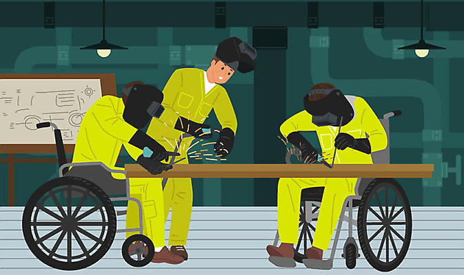 직업 교육 남자 일러스트 공장 기술 작업복 사람 세명 구직 위험 장애인 휠체어 청록색 직업체험 용접 용접공 국내일러스트 AI파일 옷 컬러 컨셉 공업 체험학습 장애 파일형식 벡터