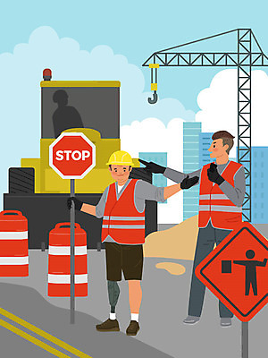 직업 교육 남자 실루엣 하늘색 일러스트 공사 사람 두명 건설현장 구직 장애인 직업체험 교통정리 다운증후군 의족 남자만 증후군 국내일러스트 AI파일 교통 컨셉 건설업 촬영기법 파란색 체험학습 질병 장애 파일형식 벡터