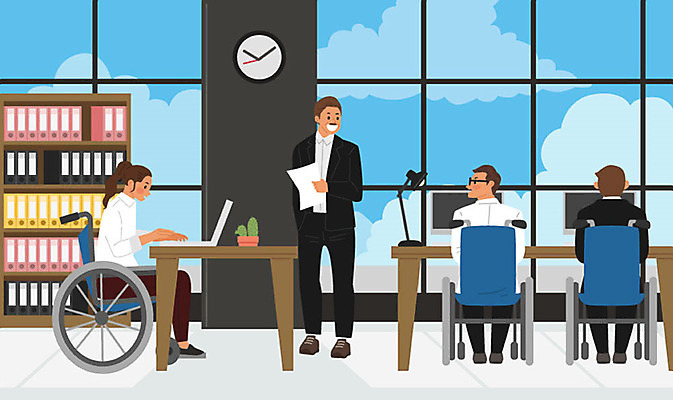 직업 여자 교육 남자 하늘색 일러스트 회사 사람 여러명 컴퓨터 사무실 구직 직장인 비즈니스맨 비즈니스우먼 장애인 휠체어 실습 직업체험 직무교육 국내일러스트 AI파일 다수 컨셉 비즈니스 파란색 전자제품 체험학습 장애 파일형식 벡터