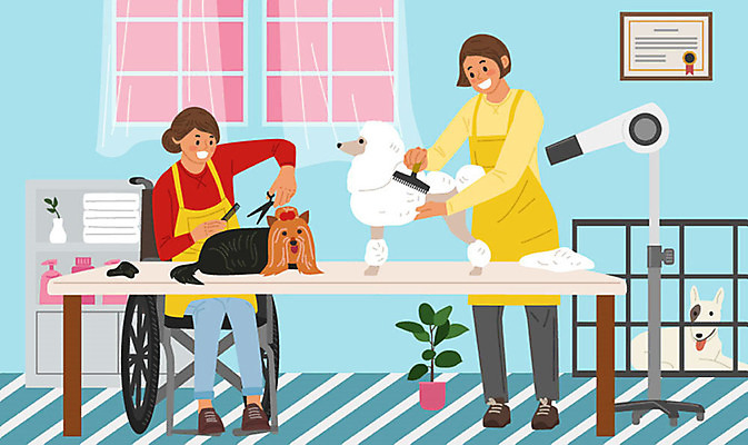 직업 여자 교육 하늘색 일러스트 사람 두명 구직 장애인 휠체어 직업체험 애견미용 애견미용사 애완동물가게 여자만 국내일러스트 AI파일 컨셉 파란색 뷰티 상점 체험학습 미용사 장애 파일형식 벡터