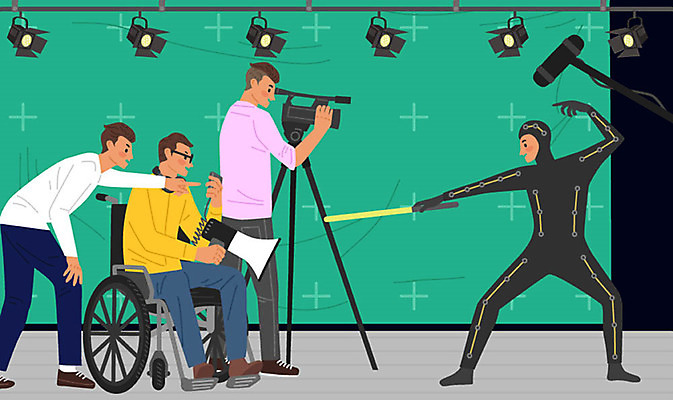 직업 교육 남자 일러스트 사람 여러명 성인 촬영 확성기 구직 감독 장애인 영화 휠체어 합성 청록색 촬영실 영화감독 영화촬영 직업체험 촬영장비 성인남자만 국내일러스트 AI파일 컬러 다수 컨셉 문화예술 공간 도구 체험학습 장애 남자만 성인만 파일형식 벡터