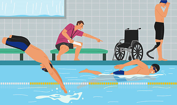 직업 교육 남자 수영복 하늘색 일러스트 수영장 사람 여러명 수영 구직 감독 장애인 휠체어 수영선수 개인지도 직업체험 국내일러스트 AI파일 옷 다수 컨셉 운동선수 파란색 수상스포츠 체험학습 연습 장애 파일형식 벡터