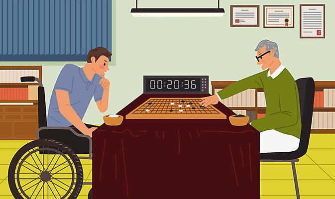 직업 학생 교육 남자 일러스트 사람 앉기 두명 경쟁 구직 게임 장애인 휠체어 스승 바둑 직업체험 남자만 국내일러스트 AI파일 컨셉 모션 놀이 체험학습 장애 파일형식 벡터