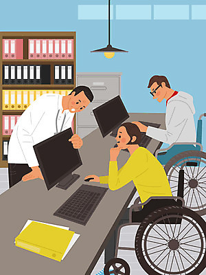 직업 여자 교육 남자 하늘색 일러스트 회사 직장 사람 세명 컴퓨터 사무실 모니터 구직 가르침 장애인 휠체어 직업체험 국내일러스트 AI파일 컨셉 비즈니스 파란색 전자제품 체험학습 장애 파일형식 벡터