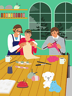 직업 여자 교육 인형 일러스트 사람 세명 교사 구직 바늘 뜨개질 작업실 실 장애인 휠체어 청록색 직업체험 다운증후군 대바늘 여자만 증후군 국내일러스트 AI파일 컬러 컨셉 취미 도구 체험학습 질병 장애 파일형식 벡터