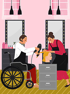 직업 여자 교육 분홍색 일러스트 기술 사람 두명 구직 체험 미용실 드라이어 장애인 미용사 휠체어 머리손질 실습 직업체험 여자만 국내일러스트 AI파일 컬러 컨셉 뷰티 미용용품 체험학습 뷰티샵 장애 파일형식 벡터