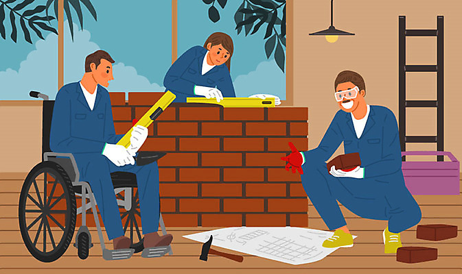 직업 여자 교육 남자 일러스트 벽돌 기술 작업복 설명 사람 세명 갈색 구직 장애인 휠체어 실습 직업체험 미장 국내일러스트 AI파일 옷 컬러 컨셉 모션 체험학습 장애 파일형식 벡터