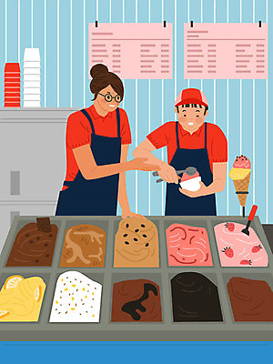 직업 여자 교육 남자 하늘색 일러스트 아이스크림 설명 사람 두명 구직 장애인 직업체험 아르바이트 장애 다운증후군 아이스크림가게 젤라또 최저임금 비정규직 증후군 국내일러스트 AI파일 컨셉 비즈니스 모션 디저트 경제 파란색 체험학습 질병 아이스크림장사 파일형식 벡터