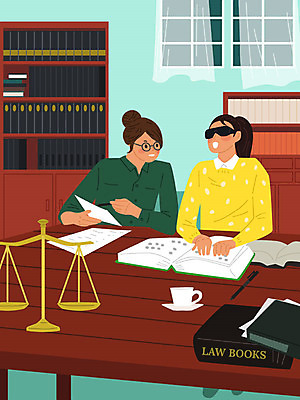 직업 여자 교육 일러스트 사람 앉기 두명 교사 시험 구직 가르침 도서관 장애인 법 직업체험 법전 시각장애인 점자 여자만 점자책 국내일러스트 AI파일 컨셉 모션 책 체험학습 장애 파일형식 벡터