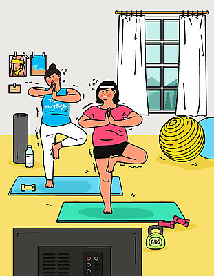 여자 몸매관리 다이어트 일러스트 요가 건강 사람 성인 두명 여름 친구 운동 노란색 건강관리 텔레비전 아령 매트 짐볼 준비 땀 다리들기 열심 성인여자만 홈트레이닝 오하운 국내일러스트 AI파일 웰빙 계절 컬러 관계 모션 관리 전자제품 신조어 여자만 성인만 파일형식 벡터