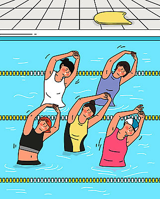여자 수영복 다이어트 일러스트 수업 수영장 건강 사람 여러명 성인 여름 파란색 운동 건강관리 스트레칭 그룹 준비 에어로빅 아쿠아 성인여자만 아쿠아로빅 국내일러스트 AI파일 옷 계절 교육 컬러 다수 관리 춤 여자만 성인만 파일형식 벡터